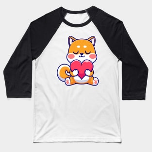 Cute Shiba Inu Dog Holding Love Heart Cartoon Baseball T-Shirt